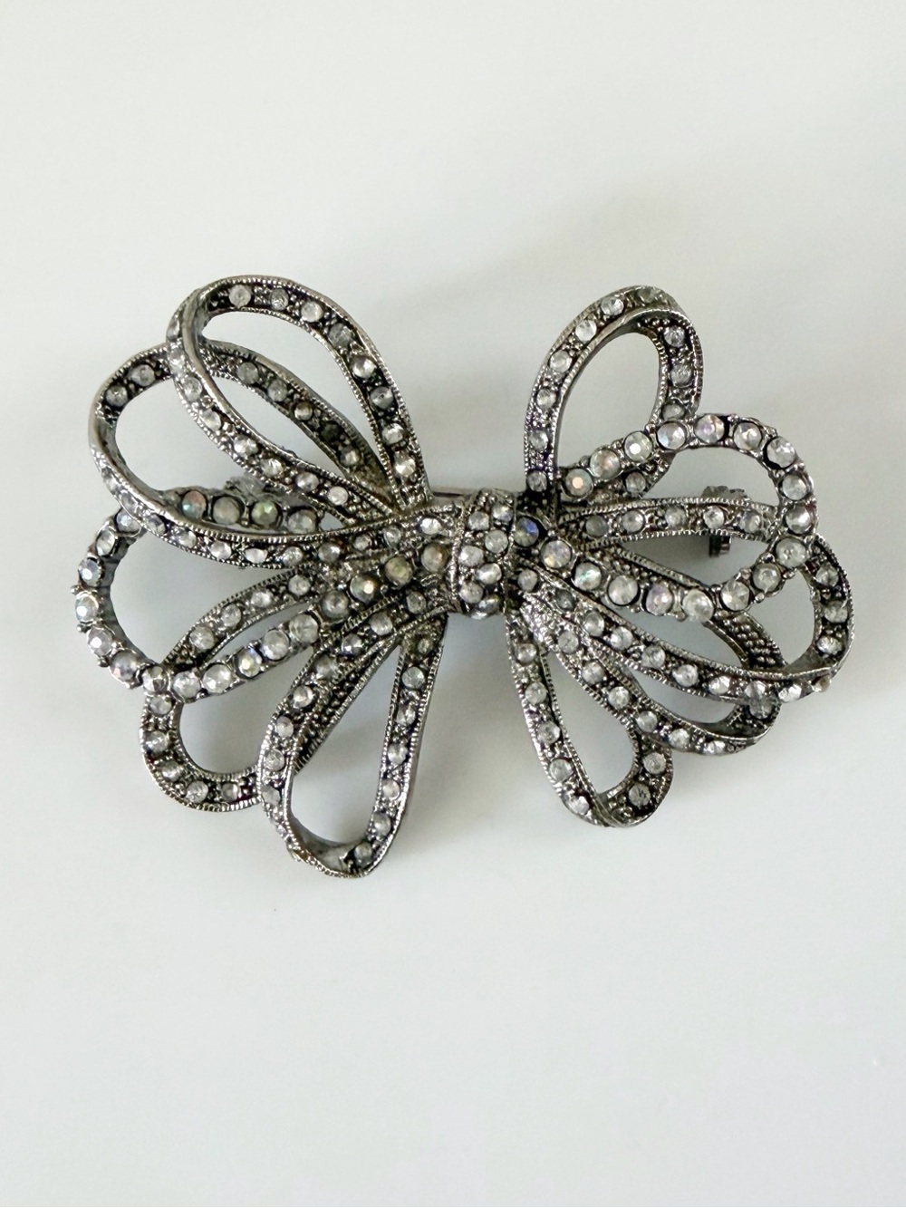 Vintage Bow Openwork Rhinestone Silver Tone Brooch Pin